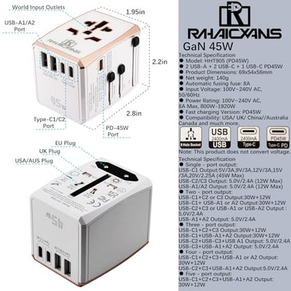 Universal Travel Adapter 45W with 5 Ports (3 USB-C, 2 USB-A) Worldwide Charger for USA, Europe, UK, Australia, Asia & 150+ Countries International Power Plug - color: White 45W