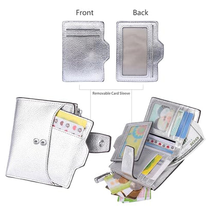 Women's RFID Blocking Leather Small Compact Bi-fold Zipper Pocket Wallet Card Case Purse with id Window - color: Lichee Silver