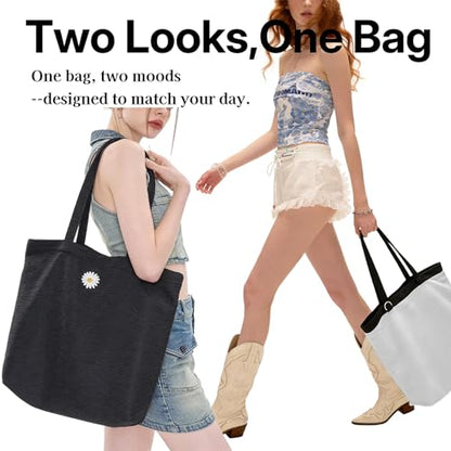CYD Everyday Tote Bag for Women, Beach Bag with Shoulder Strap, Soft Cute Summer Tote, Beach Days, Weekend Use, and Errands - color: Jet Black & Cream White
