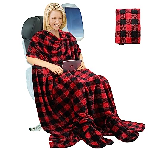 Tirrinia Travel Portable Blanket with Feet Pocket Airplane Office Poncho - color: Plaid Red, size: 50x70 inch (Button Back / Foot Pocket)