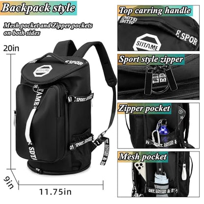 Gym Duffle Bag Backpack,4‑Way Waterproof with Shoe Compartment Travel Laptop - color: Black
