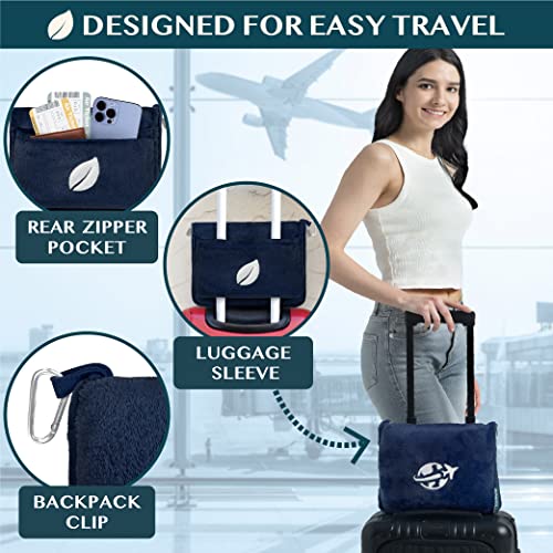 PAVILIA Compact 2-in-1 Travel Blanket Pillow for Airplane Flight, Navy Blue - color: Navy