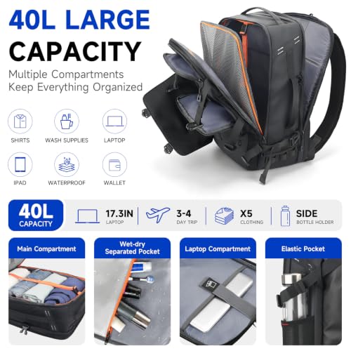 SWICKY Travel Backpack for Men, 40L Carry On Backpack Flight Approved - color: Black, size: Large-40L