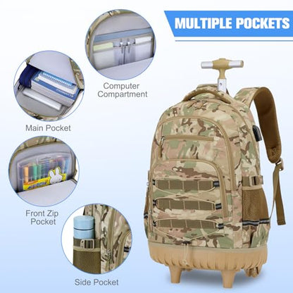 ACESAK 3PCS Camo Rolling Backpack for Boys with Lunch Box Pencil Case - color: Camo Khaki