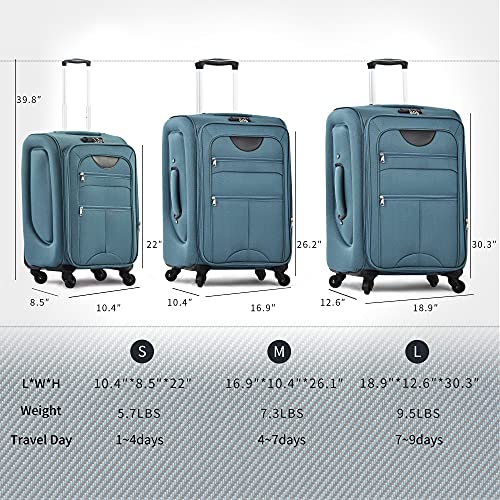 Merax Softside Luggage Set, Travel Suitcase Expandable Lightweight 3 Piece - color: Blue Green-22/26/30