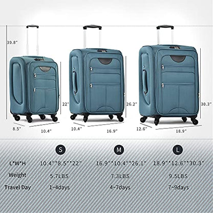 Merax Softside Luggage Set, Travel Suitcase Expandable Lightweight 3 Piece - color: Blue Green-22/26/30