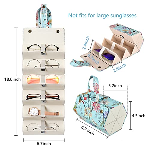 MEGREZ 6 Slots Sunglasses Organizer Box, PU Leather Foldable Eyeglasses Case, Portable Sunglasses Case, Sunglasses Holder - color: Blue-flowers