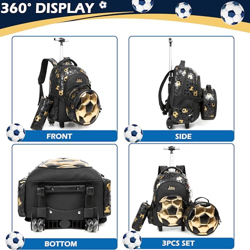 Meetbelify Rolling Backpack with Wheels for Boys Rolling Backpacks with Lunch Box Pencil Case for Elementary Students Kids Football Luggage Travel Suitcase for Boys 6-8 - color: Black Football