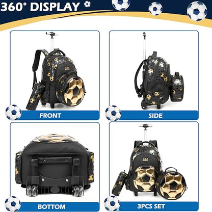 Meetbelify Rolling Backpack with Wheels for Boys Rolling Backpacks with Lunch Box Pencil Case for Elementary Students Kids Football Luggage Travel Suitcase for Boys 6-8 - color: Black Football