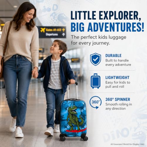 5PC Boys Luggage Set, Kids Dinosaur Suitcase, 16" Carry-On for Travel - color: 5PC Kids Luggage Set - Dinosaur Blue