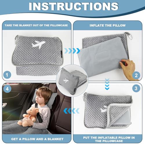 Travel Blanket Airplane Compact with Bag, Travel Essentials 3 in 1 Packable Airplane Blanket, Travel Pillow and Blanket Set, Inflatable Pillow, Luggage Sleeve & Backpack Clip (Light Grey) - color: Light Grey