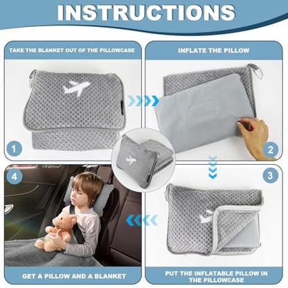 Travel Blanket Airplane Compact with Bag, Travel Essentials 3 in 1 Packable Airplane Blanket, Travel Pillow and Blanket Set, Inflatable Pillow, Luggage Sleeve & Backpack Clip (Light Grey) - color: Light Grey