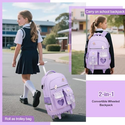 ACESAK 3PCS Rolling Backpack for Girls Children, Girls Backpack with Wheels - color: Purple