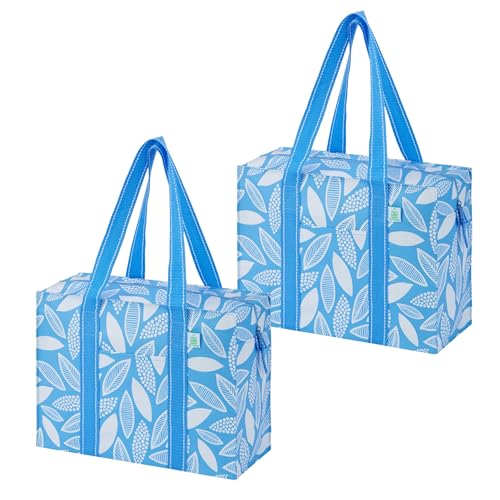 VENO 2 Pack Utility Tote Reusable Grocery Bags with Zipper & Hard Bottom - color: Spring Breeze, size: 2 Pack