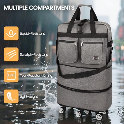 40'' Expandable Rolling Duffle Bag w/Wheels,Foldable - color: GREY, size: 40in