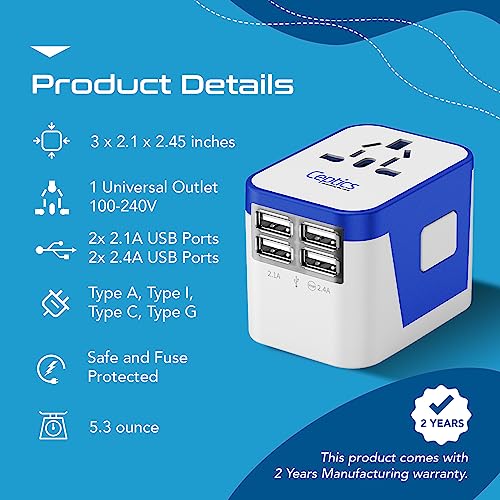 Ceptics Travel Adapter Worldwide - Universal Input, 4 USB Ports (Max 17.5W) - color: White