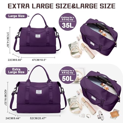 Travel Duffel Bag with Shoes Compartment, Overnight Weekender Bags for Women, Carry on Personal Item Travel Set,Extra Large(Dark Purple) - color: Dark Purple, size: Extra Large