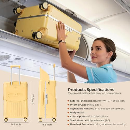 20" Ride-On Luggage with Child Seat, Hardside Carry-On Suitcase with Shockproof 360° Silent Spinner Wheels, TSA Lock, Kids & Adults & Busy Moms - color: Yellow