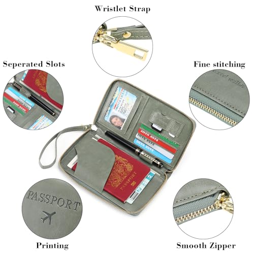 Leather RFID Blocking Passport Holder Travel Wallet, Passport Cover/Travel Wallet for Women/Men with - color: Grass Green