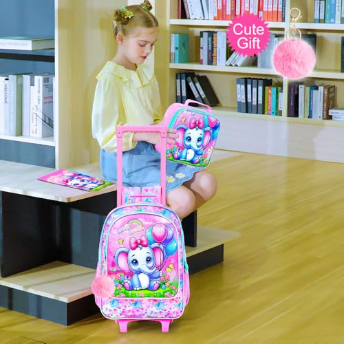 WZLVO 4PCS Rolling Backpack for Girls, Kids Roller School Bookbag with wheels, Elephant Water Resistant Wheeled Backpacks set for Teens Elementary Trave - color: Pink Elephant