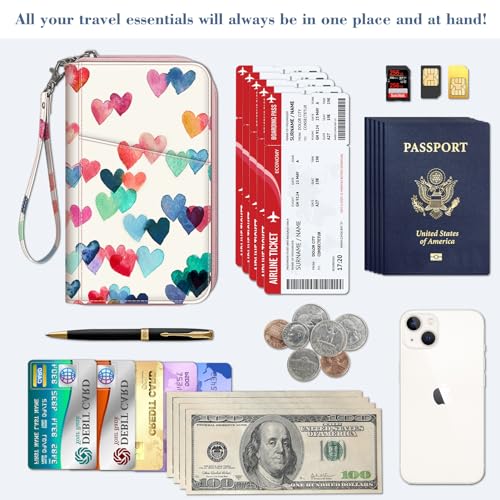 FINTIE Family Passport Holder Wallet Travel Document Organizer Clutch Bag - color: Raining Hearts