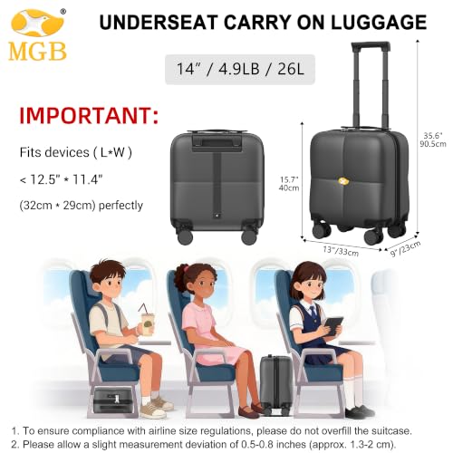 MGB 14 Inch Underseat Carry On Luggage with Wheels, Charcoal Gray - color: Black