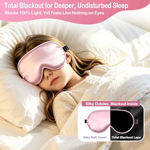 Kids Sleep Mask Eye Cover, Silk Sleeping Mask for Kids Ages 5-15 - color: Pink