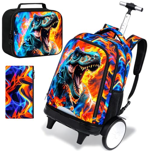 20 Inches Large Wheels Rolling Backpack for Boys with Detachable, 3Pcs Kids Fire Dinosaur Wheeled Backpack Set for Elementary School (Red) - color: Fire Dinosaur (Large Wheels)