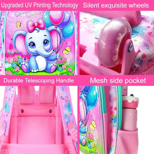 WZLVO 4PCS Rolling Backpack for Girls, Kids Roller School Bookbag with wheels, Elephant Water Resistant Wheeled Backpacks set for Teens Elementary Trave - color: Pink Elephant