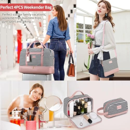 4PCS Weekender Bags for Women Large Overnight Weekend Travel Duffel Bags - color: Pink Stripe