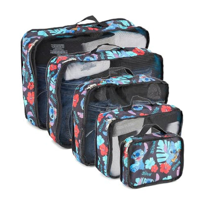 Disney Packing Cubes for Travel – 5 Piece Compression Set, Mickey Minnie Stitch Pooh Luggage Organizer Bags - color: Black Stitch