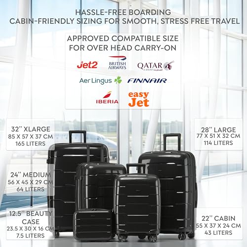 5-Piece Luggage Set Expandable Hardside Polypropylene Suitcase Set with TSA Locks & 8 Silent Spinner Wheels Lightweight Nested Suitcases Travel Set American Airline-Approved Carry-On - Black - color: Black, size: 5-Piece Set