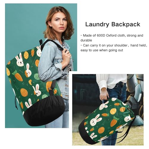 Dark Green Easter Bunny Eggs Carrots Laundry Backpack Bag with Adjustable Shoulder Straps Handle Dirty Laundry Hamper Bag for Traveling Camp College Dorm Heavy Duty Waterproof Large Capacity - color: Dark Green Easter Bunny Eggs Carrots