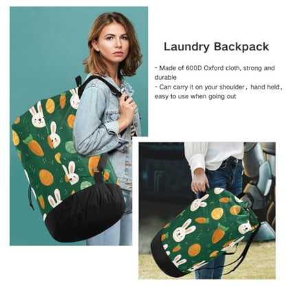 Dark Green Easter Bunny Eggs Carrots Laundry Backpack Bag with Adjustable Shoulder Straps Handle Dirty Laundry Hamper Bag for Traveling Camp College Dorm Heavy Duty Waterproof Large Capacity - color: Dark Green Easter Bunny Eggs Carrots
