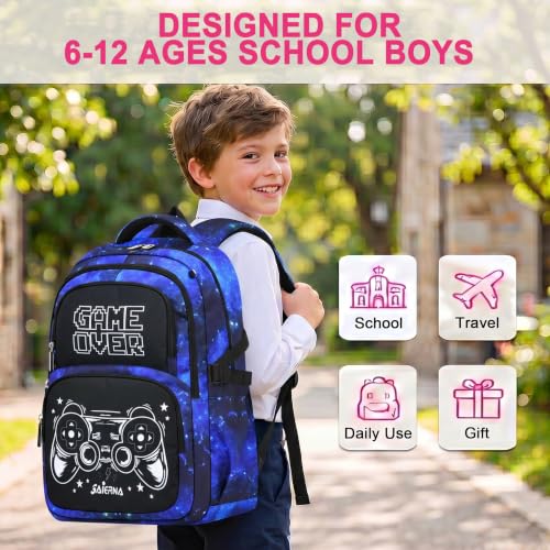 Boys Backpack Set 3PCS Ages 6-12, Kids School Backpack - color: Gamer Starry Blue