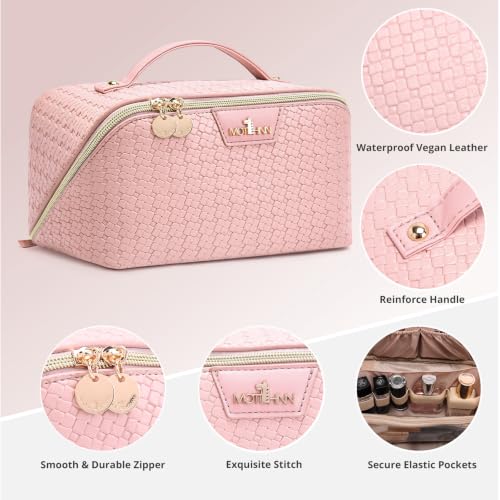 Travel Makeup Bag for Women: 3 Pcs Set Vagen Leather Cosmetic Bag - color: 01Pink