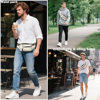 Genuine Leather Fanny Pack large capacity Crossbody Waist Bag with Zipper phone Pockets white - color: White