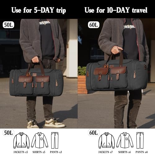 Canvas Duffle Bag for Men - 50L Expandable Travel Duffel Bags - color: Black, size: Large-50L