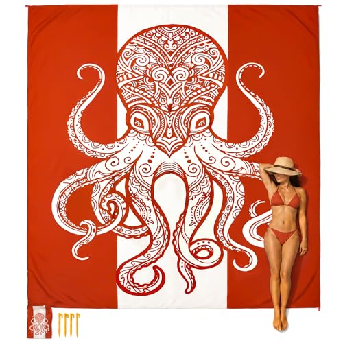 Beach Blanket Waterproof Sandproof with Stakes,Sand Pockets and Carry bag - color: Burntorange Octopus