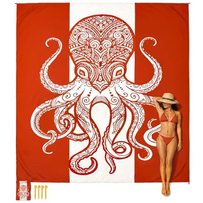 Beach Blanket Waterproof Sandproof with Stakes,Sand Pockets and Carry bag - color: Burntorange Octopus