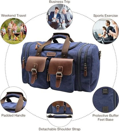 Wildroad Canvas Duffle Bag - 60L Expandable Weekender Overnight Travel Bag - color: Blue, size: X Large-60L Duffle Bag