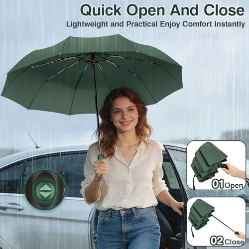 ZOMAKE Travel Umbrella Compact - 10 Ribs Portable Collapsible Umbrellas for Rain Windproof - Paraguas Automatic Small Folding Umbrella Lightweight Packable Umbrella for Women Men - color: Dark Green
