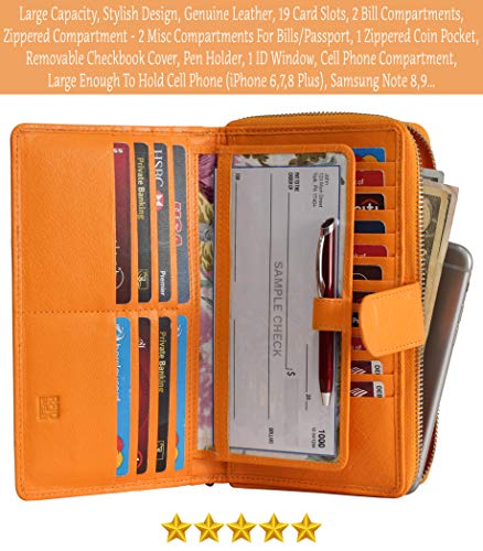 Big Fat RFID Blocking Leather Organizer Checkbook Wallets For Women - Clutch - color: NEON ORANGE