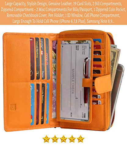 Big Fat RFID Blocking Leather Organizer Checkbook Wallets For Women - Clutch - color: NEON ORANGE