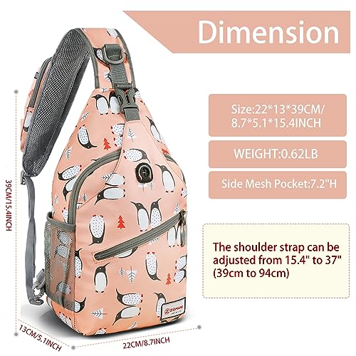 ZOMAKE Sling Bag, Penguin Pink, Nylon, 5 Separate Compartments, 10" iPad Compartment, Anti-Theft, Adjustable Reversible Shoulder Strap, Water Resistant - color: Penguin Pink, size: 8L
