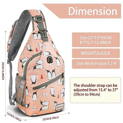 ZOMAKE Sling Bag, Penguin Pink, Nylon, 5 Separate Compartments, 10" iPad Compartment, Anti-Theft, Adjustable Reversible Shoulder Strap, Water Resistant - color: Penguin Pink, size: 8L
