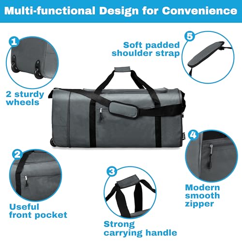 Finnhomy 100L Foldable Rolling Duffel Bag with 2 Wheels, Light Weight Travel Duffel bag with Large Loading Capacity, 32 inch Rolling Duffel bag with Shoulder Strap for Travel Camping Sports, Grey - color: GREY