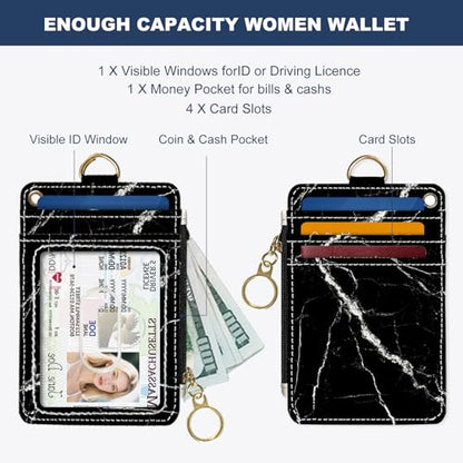 Slim Wallet Credit Card Holder, Black marble texture, RFID Wallet Women Cute Small Front Pocket Wallet With Zipper, PU Leather Thin travel RFID Blocking Card Case ID Window,Ladies Gifts - color: Black marble texture