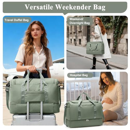 Large Travel Duffel Bag with Shoe Compartment, Weekender Bags for Women - color: B-Green with Toiletry Bag, size: Large