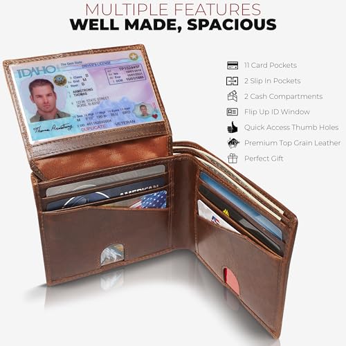 BULL GUARD Mens RFID Blocking Bifold Wallet Top Grain Leather in Grizzly Brown, Secure and Durable Extra Capacity Billfold with 11 Credit Card Slots, Tight Stitching, Quick Thumb Push Access, No Logo - color: With NO Logo - Grizzly Brown